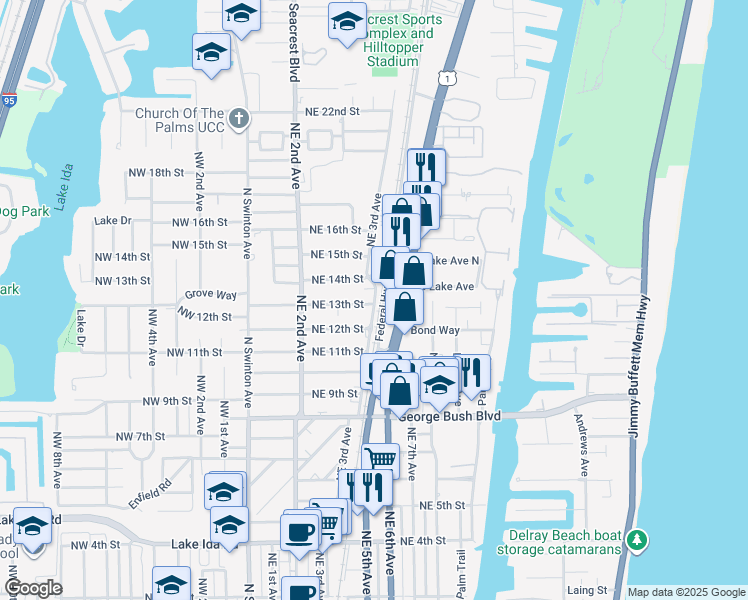 map of restaurants, bars, coffee shops, grocery stores, and more near 1304 Northeast 3rd Avenue in Delray Beach