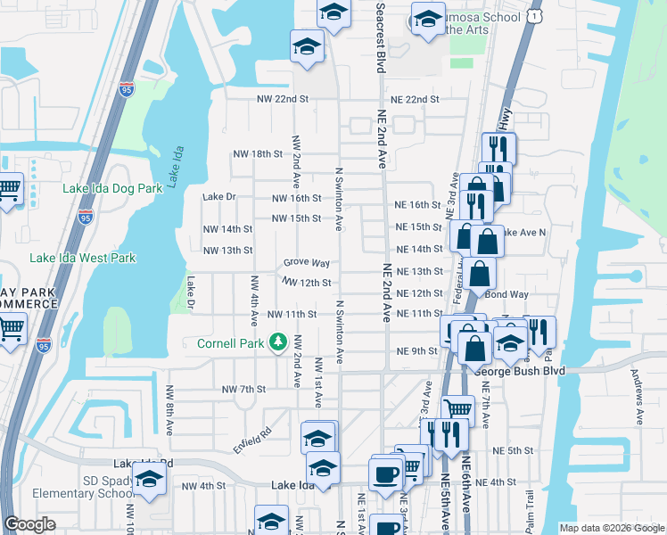 map of restaurants, bars, coffee shops, grocery stores, and more near 1275 North Swinton Avenue in Delray Beach