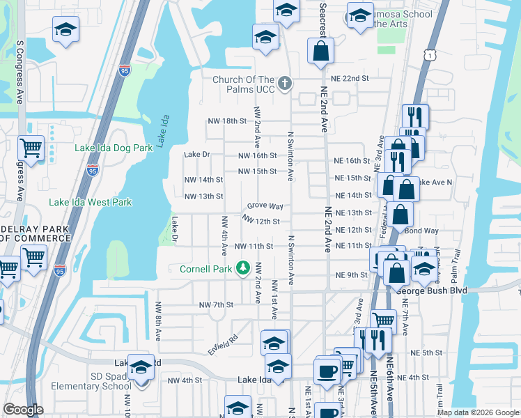 map of restaurants, bars, coffee shops, grocery stores, and more near 33 Northwest 12th Street in Delray Beach