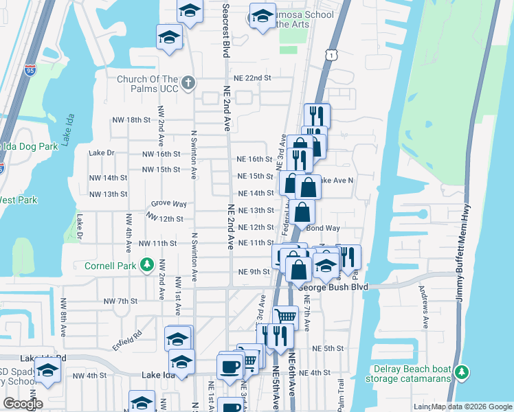 map of restaurants, bars, coffee shops, grocery stores, and more near 235 Northeast 13th Street in Delray Beach