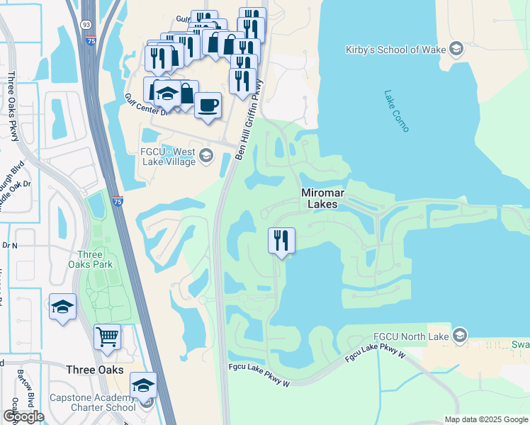 map of restaurants, bars, coffee shops, grocery stores, and more near Miromar Lakes Parkway in Fort Myers