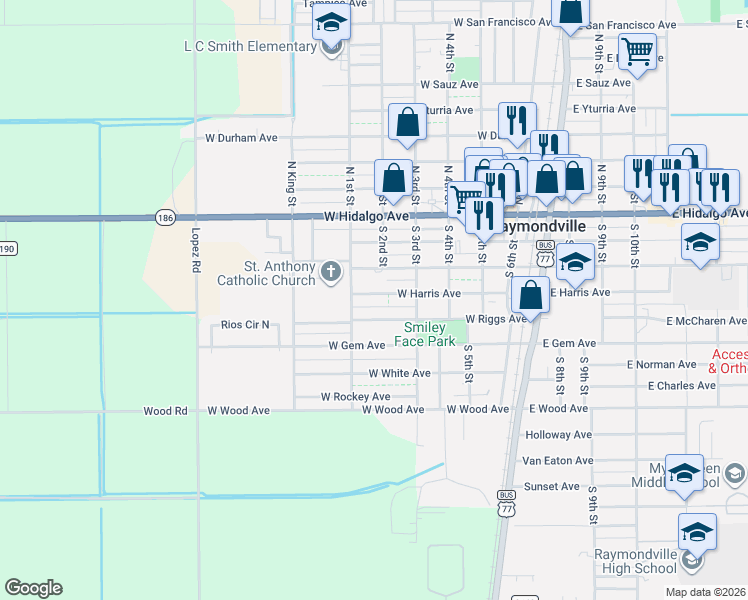 map of restaurants, bars, coffee shops, grocery stores, and more near 600-798 West Riggs Avenue in Raymondville