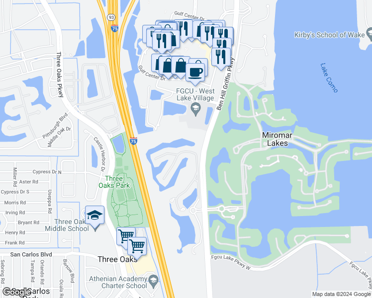 map of restaurants, bars, coffee shops, grocery stores, and more near 17967 Modena Road in Fort Myers