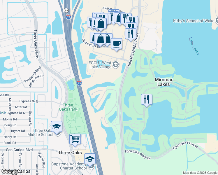 map of restaurants, bars, coffee shops, grocery stores, and more near 17992 Modena Road in Miromar Lakes