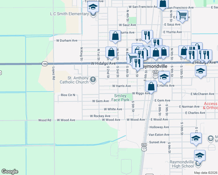 map of restaurants, bars, coffee shops, grocery stores, and more near 600-798 West Riggs Avenue in Raymondville
