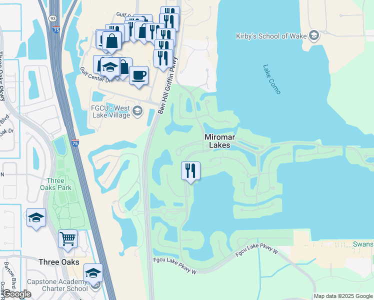 map of restaurants, bars, coffee shops, grocery stores, and more near Miromar Lakes Parkway in Fort Myers