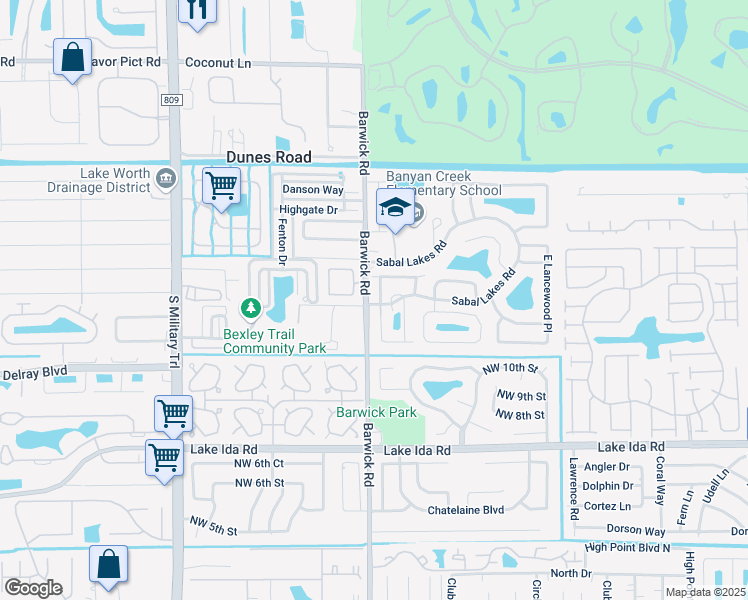 map of restaurants, bars, coffee shops, grocery stores, and more near 1250 West Magnolia Circle in Delray Beach