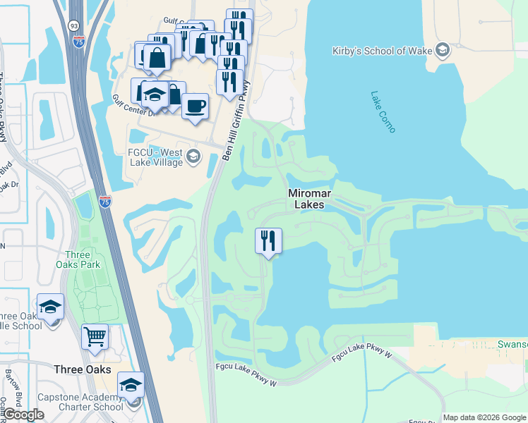 map of restaurants, bars, coffee shops, grocery stores, and more near Miromar Lakes Parkway in Fort Myers