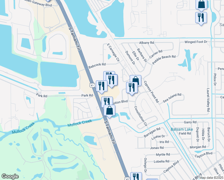 map of restaurants, bars, coffee shops, grocery stores, and more near 18011 South Tamiami Trail in Fort Myers