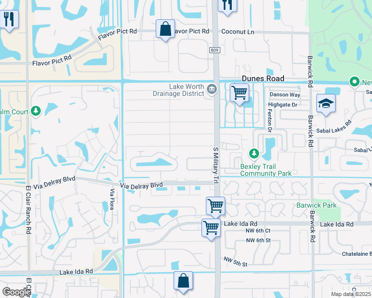 map of restaurants, bars, coffee shops, grocery stores, and more near 5166 Woodland Drive in Delray Beach