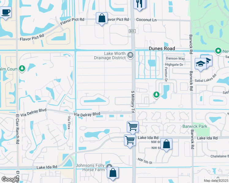 map of restaurants, bars, coffee shops, grocery stores, and more near 5166 Woodland Drive in Delray Beach