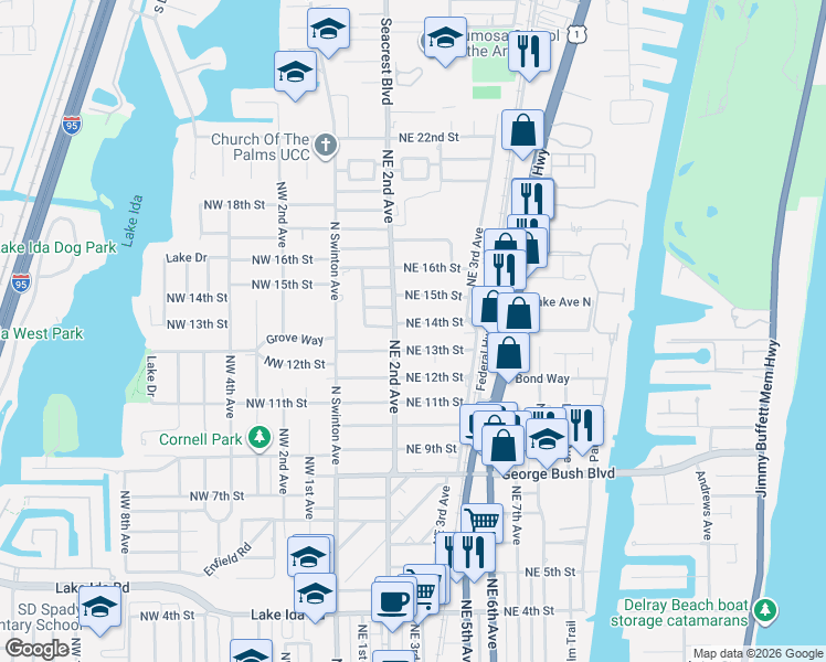 map of restaurants, bars, coffee shops, grocery stores, and more near 219 Northeast 14th Street in Delray Beach