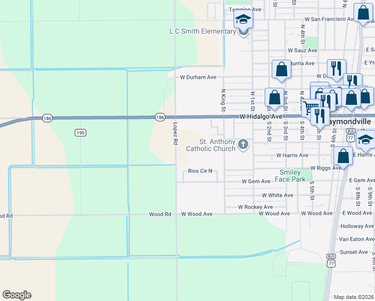 map of restaurants, bars, coffee shops, grocery stores, and more near in Raymondville