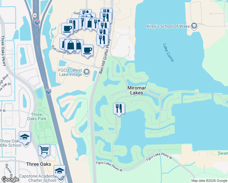 map of restaurants, bars, coffee shops, grocery stores, and more near 10160 Bellavista Circle in Miromar Lakes