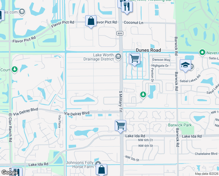 map of restaurants, bars, coffee shops, grocery stores, and more near 5094 Palm Ridge Boulevard in Delray Beach