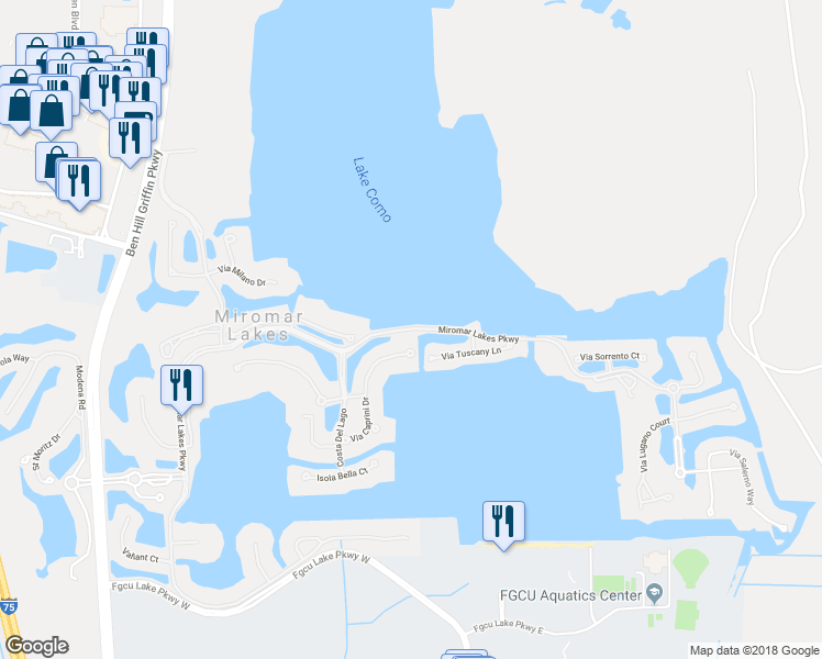 map of restaurants, bars, coffee shops, grocery stores, and more near Miromar Lakes Parkway in Fort Myers