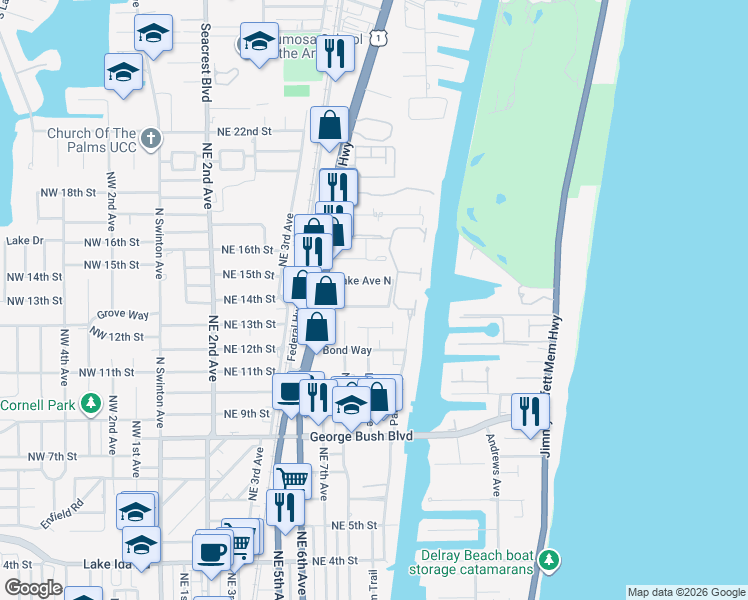 map of restaurants, bars, coffee shops, grocery stores, and more near 745 South Lake Avenue in Delray Beach
