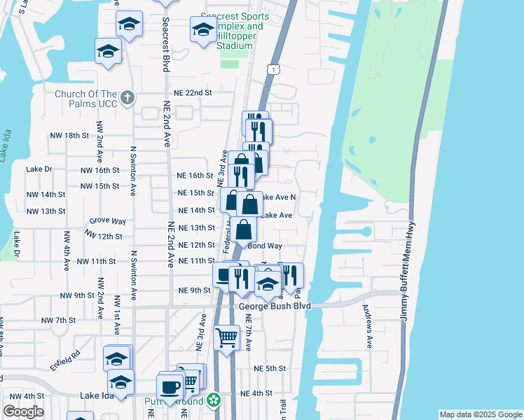 map of restaurants, bars, coffee shops, grocery stores, and more near 713 Lake Avenue South in Delray Beach