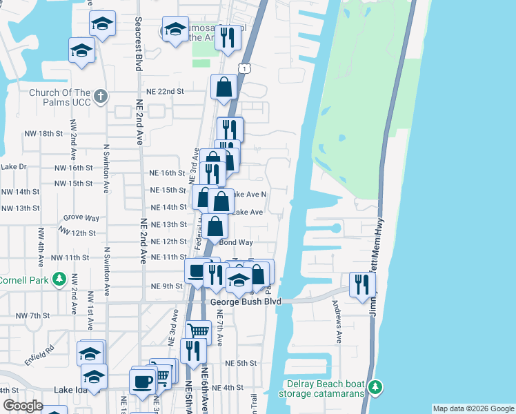 map of restaurants, bars, coffee shops, grocery stores, and more near 745 South Lake Avenue in Delray Beach
