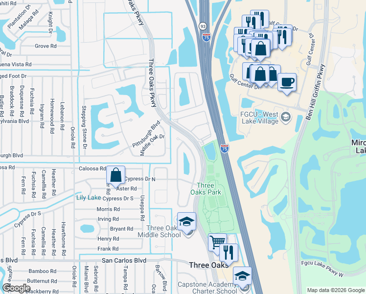 map of restaurants, bars, coffee shops, grocery stores, and more near 17811 Bermuda Dunes Drive in Fort Myers