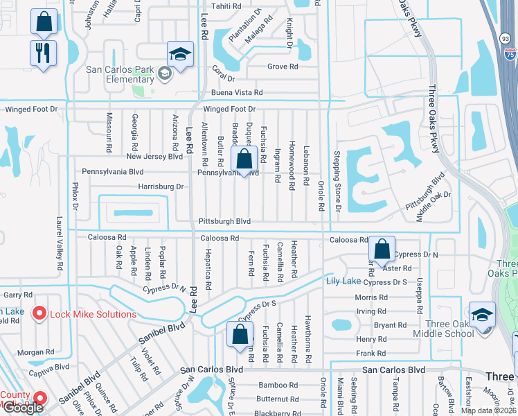 map of restaurants, bars, coffee shops, grocery stores, and more near 17548 Fuchsia Road in Fort Myers