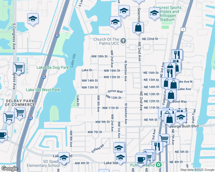map of restaurants, bars, coffee shops, grocery stores, and more near 1329 Northwest 3rd Avenue in Delray Beach