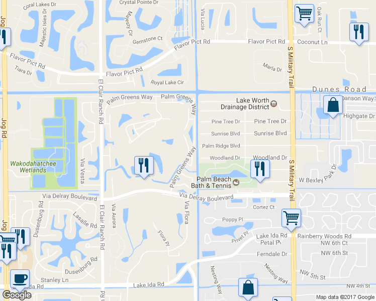 map of restaurants, bars, coffee shops, grocery stores, and more near 117 Date Palm Court in Delray Beach
