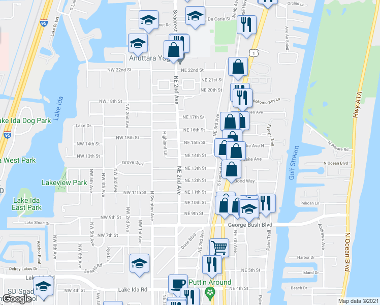 map of restaurants, bars, coffee shops, grocery stores, and more near 219 Northeast 14th Street in Delray Beach