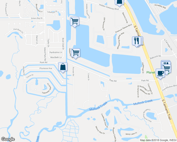 map of restaurants, bars, coffee shops, grocery stores, and more near 18000 Creek Drive in Fort Myers
