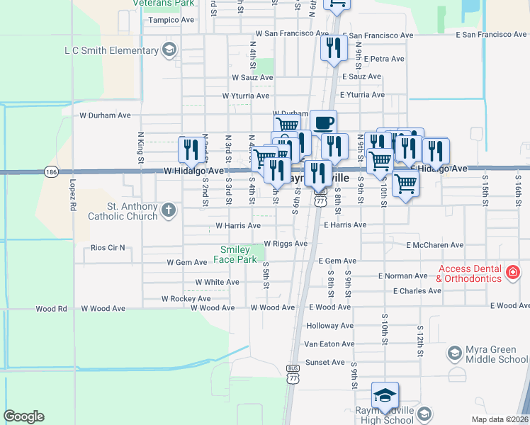 map of restaurants, bars, coffee shops, grocery stores, and more near 300-398 S 4th St in Raymondville
