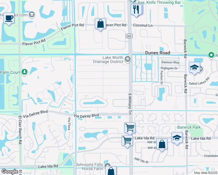 map of restaurants, bars, coffee shops, grocery stores, and more near 5184 Palm Ridge Boulevard in Delray Beach