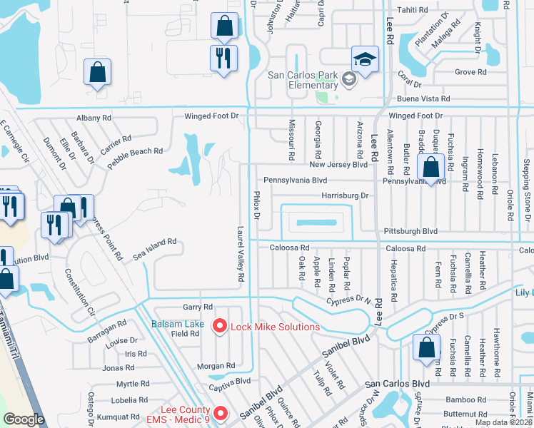 map of restaurants, bars, coffee shops, grocery stores, and more near 17556 Brentwood Court in Fort Myers