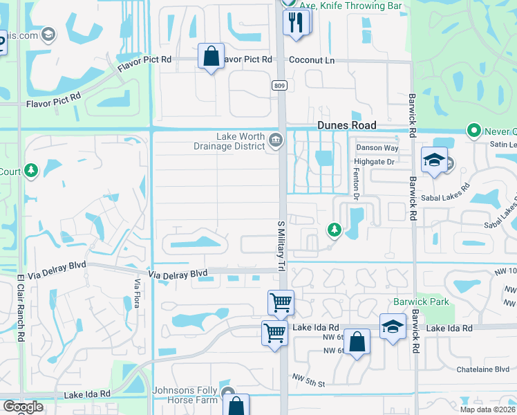 map of restaurants, bars, coffee shops, grocery stores, and more near 5094 Palm Ridge Boulevard in Delray Beach
