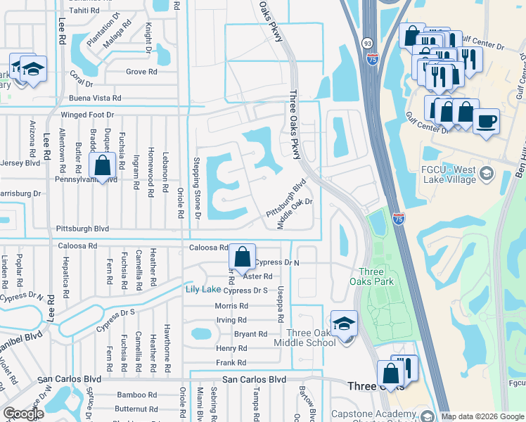 map of restaurants, bars, coffee shops, grocery stores, and more near 9201 Pittsburgh Boulevard in Fort Myers