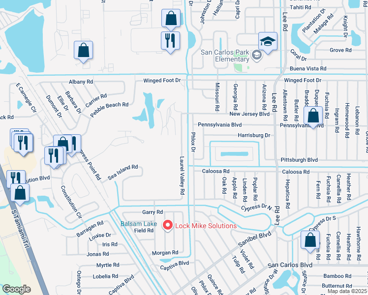 map of restaurants, bars, coffee shops, grocery stores, and more near 17549 Laurel Valley Road in Fort Myers