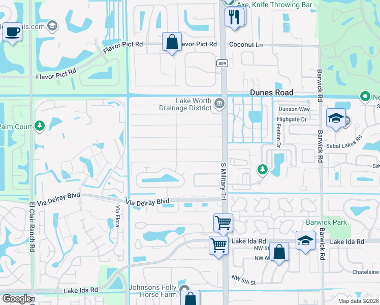 map of restaurants, bars, coffee shops, grocery stores, and more near 5184 Palm Ridge Boulevard in Delray Beach