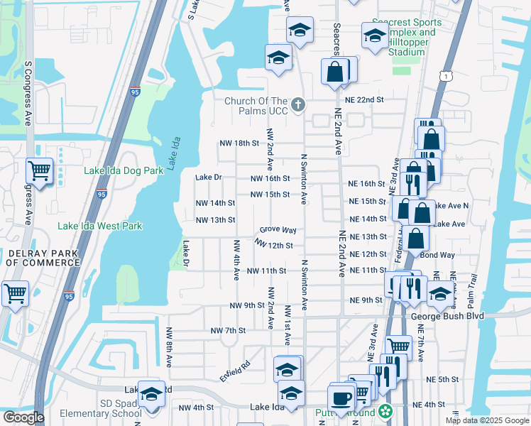 map of restaurants, bars, coffee shops, grocery stores, and more near 1329 Northwest 3rd Avenue in Delray Beach