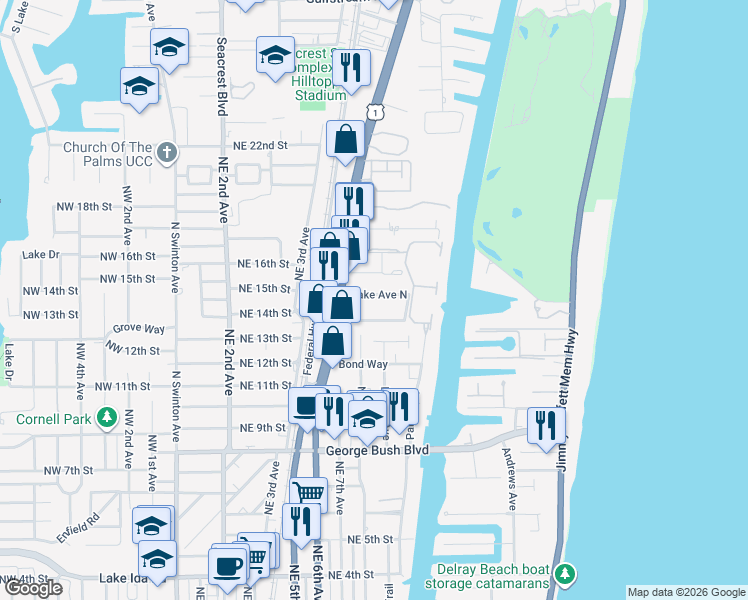 map of restaurants, bars, coffee shops, grocery stores, and more near 726 Lake Avenue North in Delray Beach