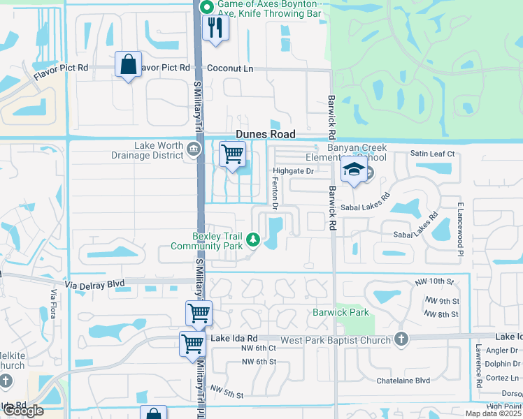 map of restaurants, bars, coffee shops, grocery stores, and more near 1475 West Bexley Park Drive in Delray Beach