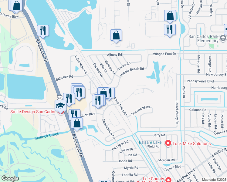 map of restaurants, bars, coffee shops, grocery stores, and more near 17586 Cypress Point Road in Fort Myers