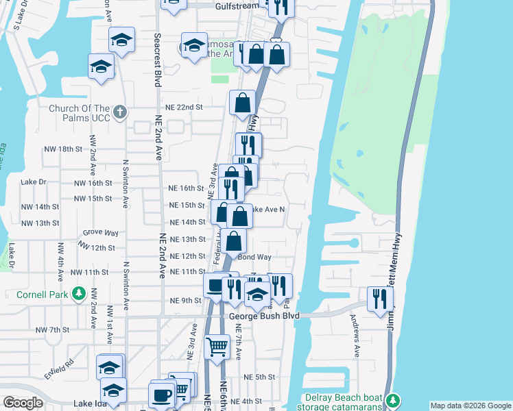 map of restaurants, bars, coffee shops, grocery stores, and more near 721 Lake Avenue North in Delray Beach