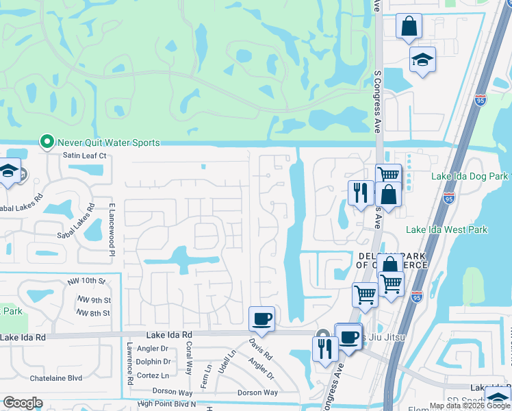 map of restaurants, bars, coffee shops, grocery stores, and more near 1550 Northwest 22nd Avenue in Delray Beach