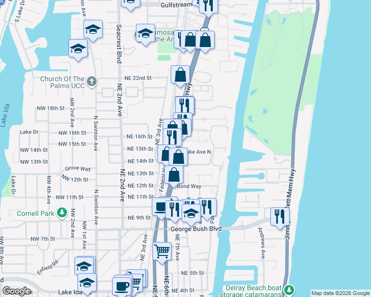 map of restaurants, bars, coffee shops, grocery stores, and more near 5 Eastview Avenue in Delray Beach