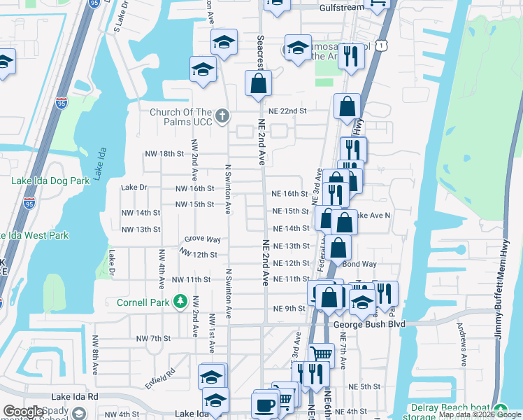 map of restaurants, bars, coffee shops, grocery stores, and more near 124 Bonnie Briar Lane in Delray Beach