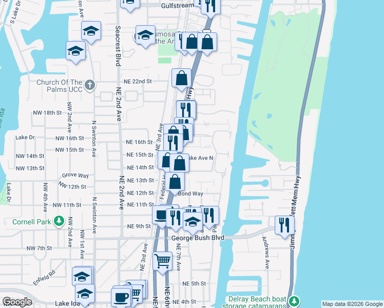 map of restaurants, bars, coffee shops, grocery stores, and more near 721 Lake Avenue North in Delray Beach