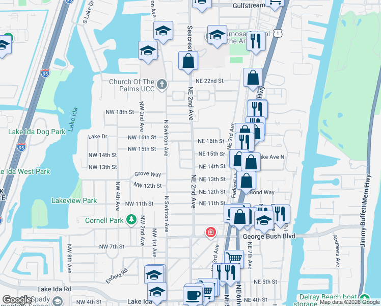 map of restaurants, bars, coffee shops, grocery stores, and more near 118 Northeast 16th Street in Delray Beach