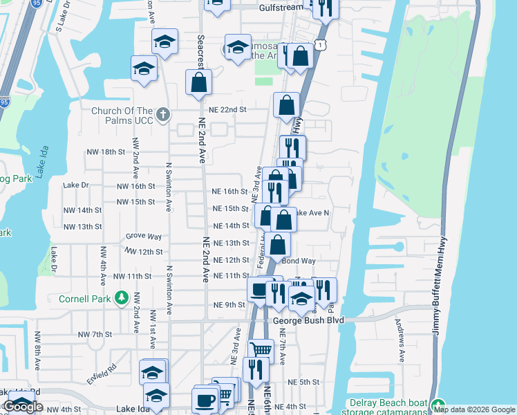 map of restaurants, bars, coffee shops, grocery stores, and more near 1600 North Federal Highway in Delray Beach
