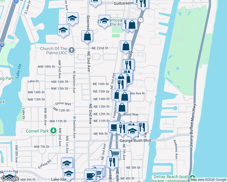map of restaurants, bars, coffee shops, grocery stores, and more near 1501 Northeast 3rd Avenue in Delray Beach