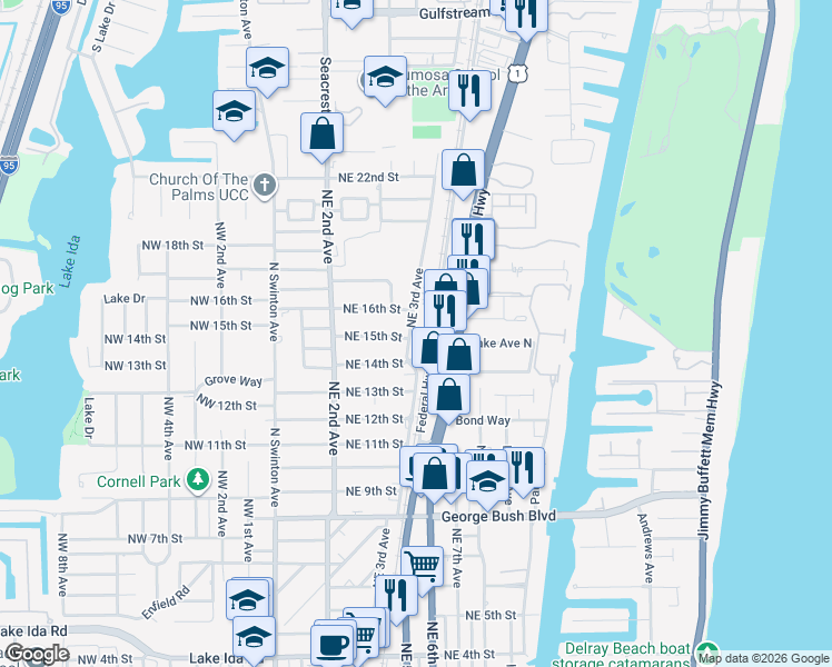 map of restaurants, bars, coffee shops, grocery stores, and more near 1501 Northeast 3rd Avenue in Delray Beach
