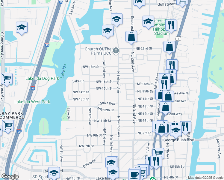 map of restaurants, bars, coffee shops, grocery stores, and more near 101 Northwest 15th Street in Delray Beach